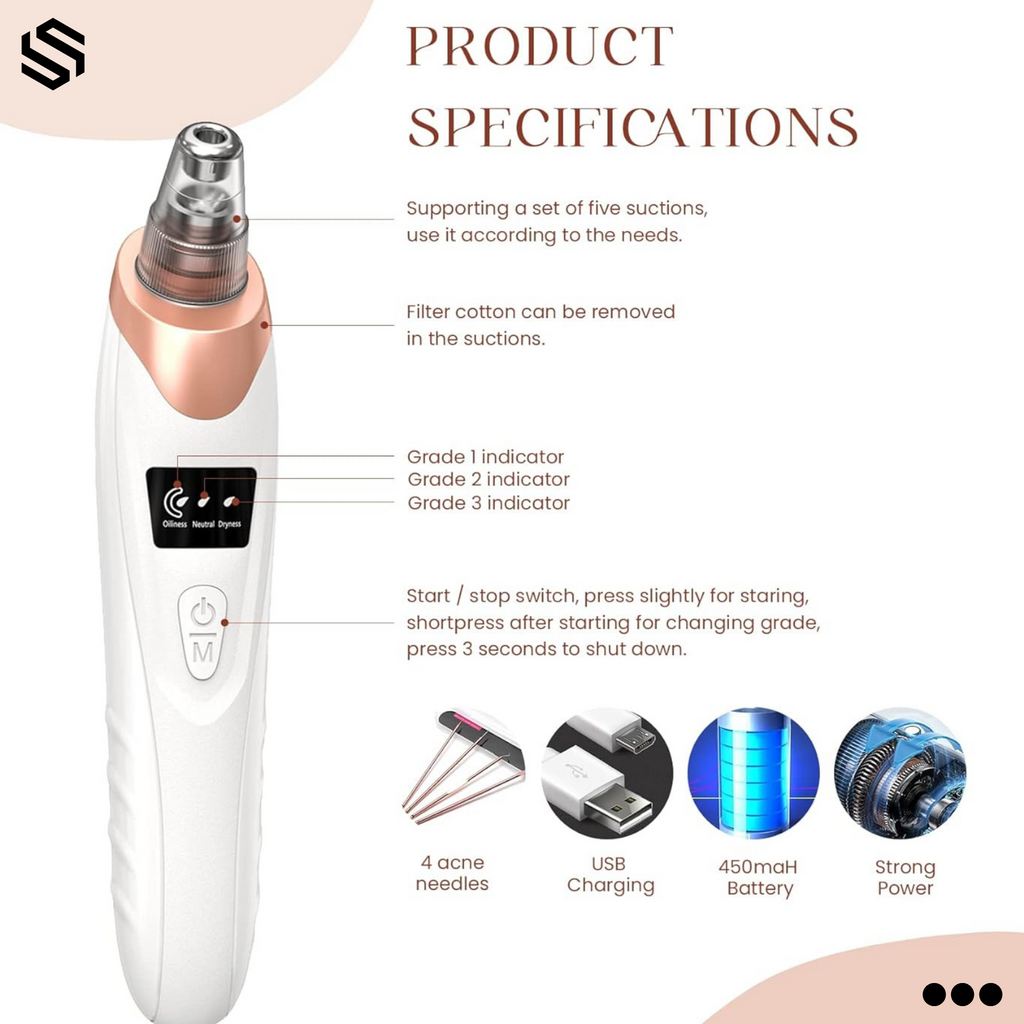 5-in-1 Blackhead Removal Machine - Derma Suction Acne Pore Cleaner, Vacuum Tool, Rechargeable Oil & Whitehead Remover, Multi-Functional Facial Beauty Device